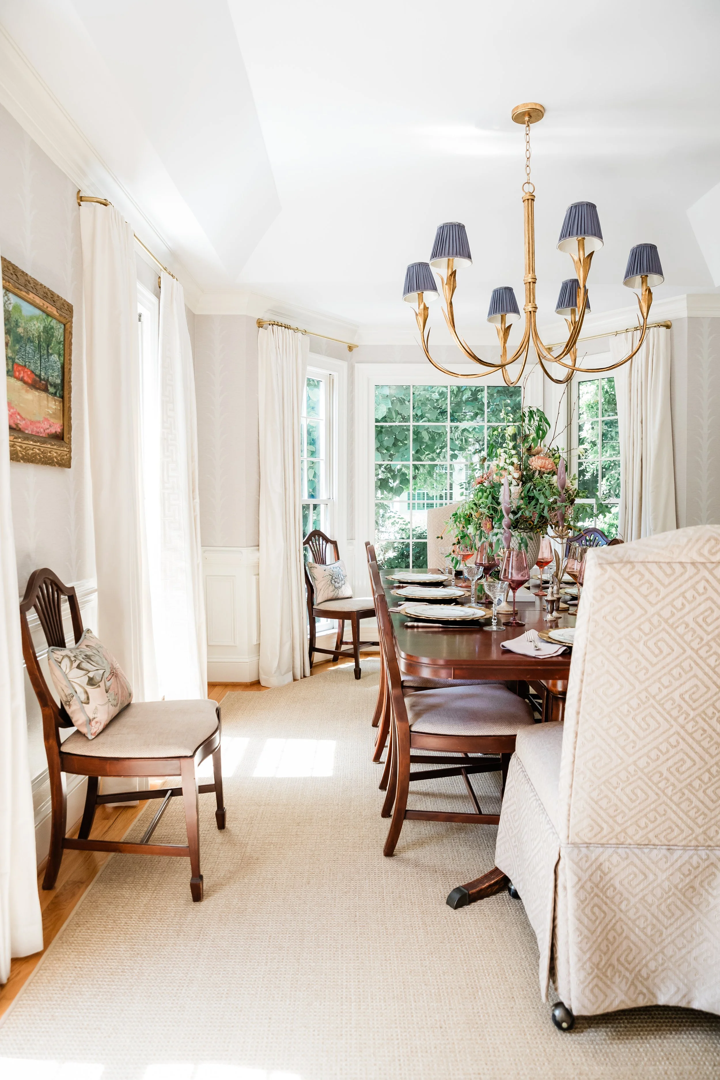 Living room vignette with color and heirloom pieces, Raleigh interior design
