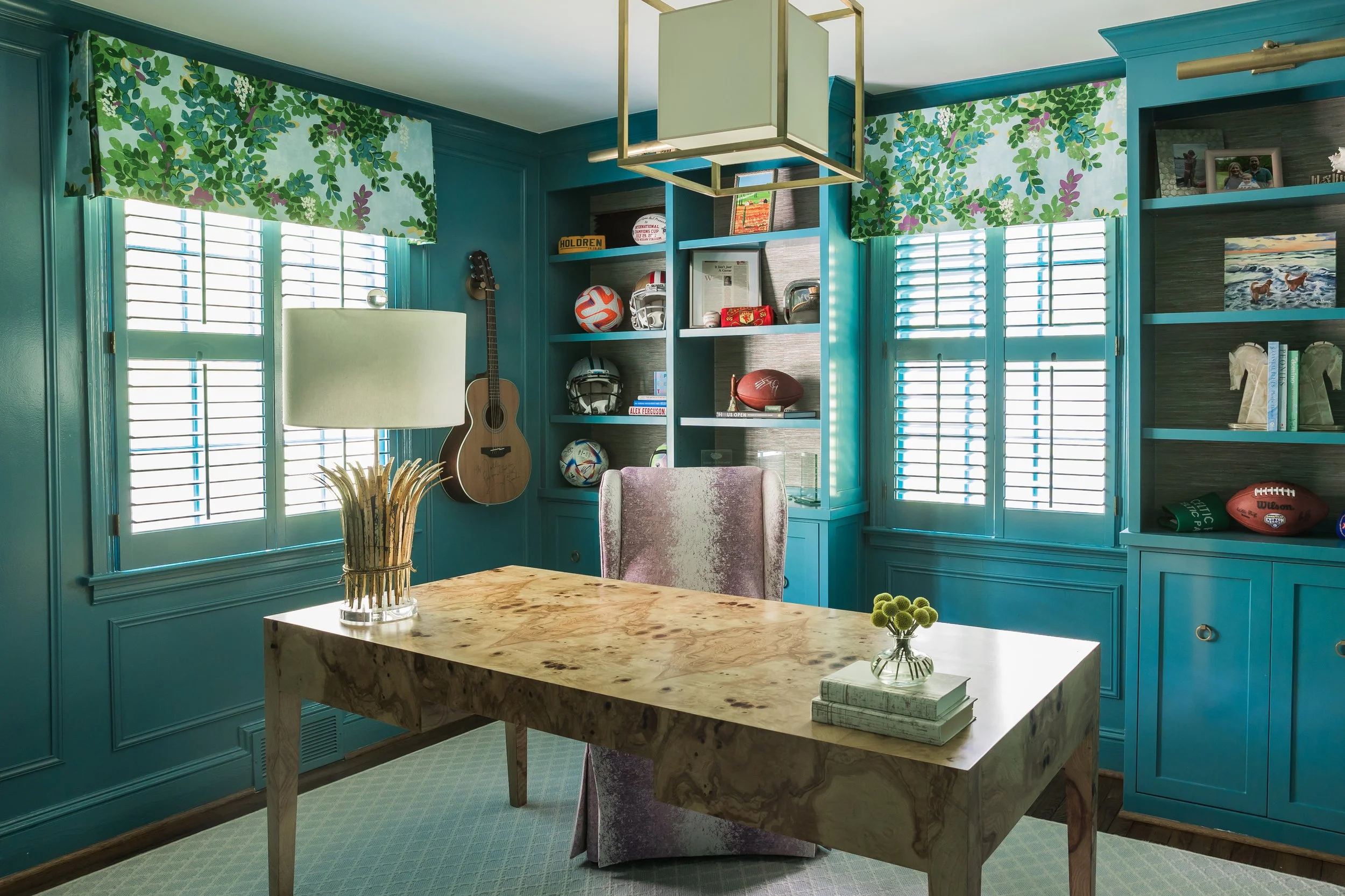 Curated shelves and accessories in a colorful classic home