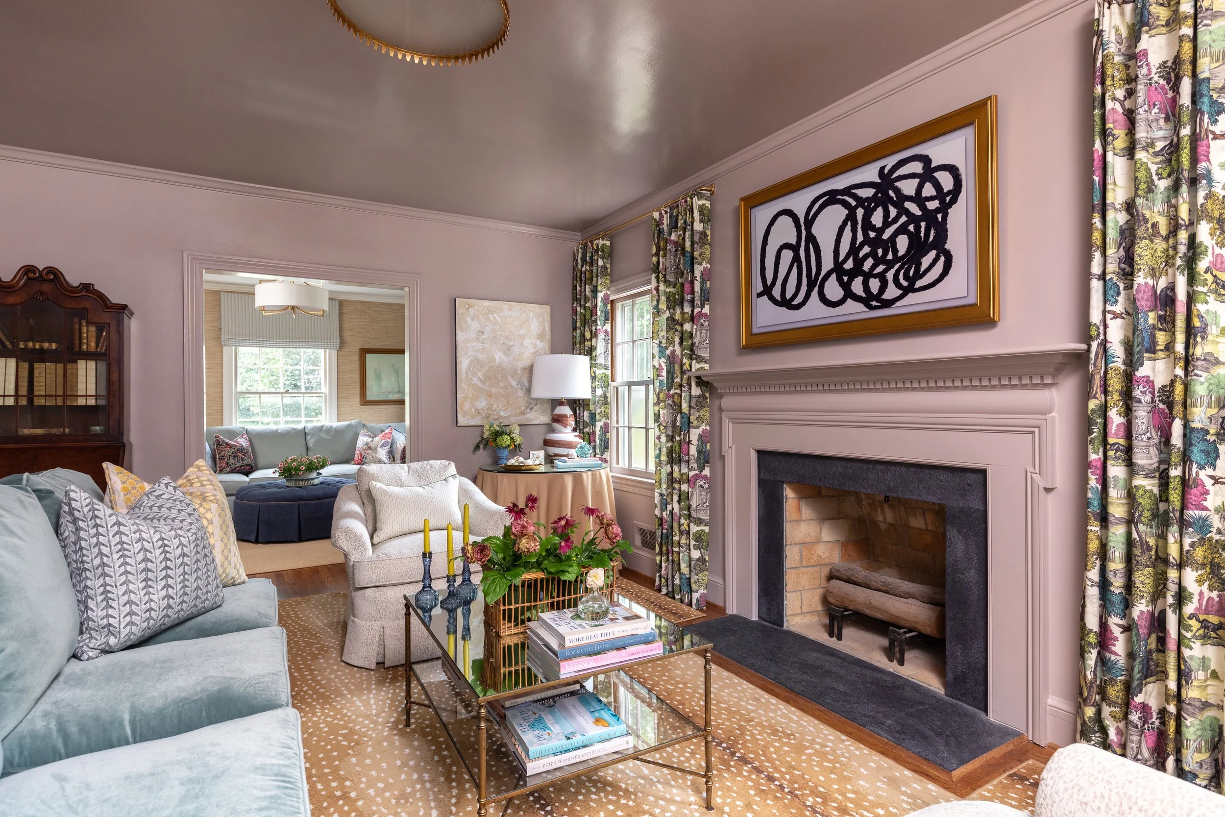 Colorfully classic living room designed by Martha Midgette Designs in North Carolina