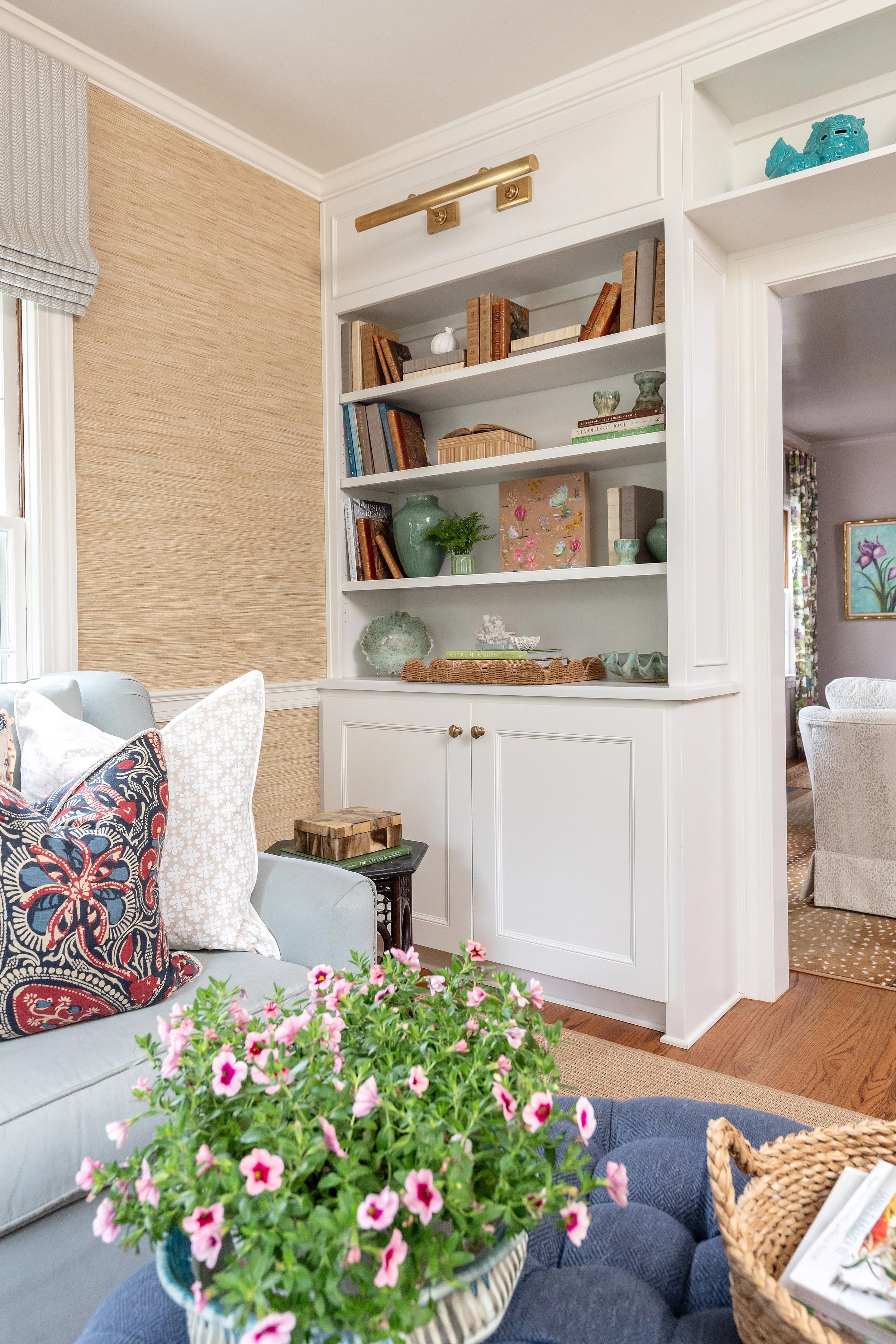 Sophisticated colorful sitting area, North Carolina interior design